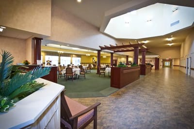 Spacious dining area with tables and chairs