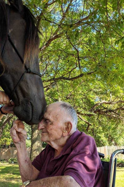 The Estates at Twin Rivers, Nursing Home in Anoka, MN — Elderly man interacting with a horse in a garden