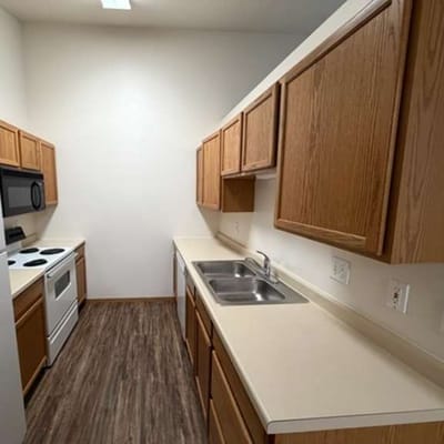 Modern kitchen with wooden cabinetry and appliances