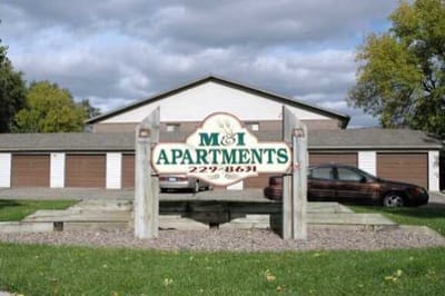 Exterior view of an apartment building sign