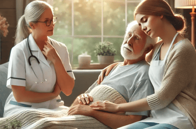 A caregiver talking to a resident in a warm setting