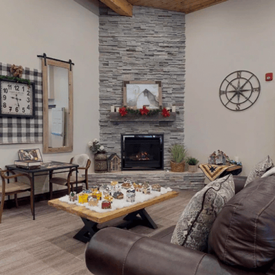 Cozy common area with a fireplace and decor