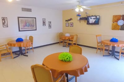 Common area with tables and decorations