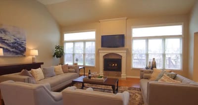 Cozy common area with seating and a fireplace