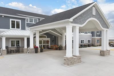 Entrance of a modern assisted living facility