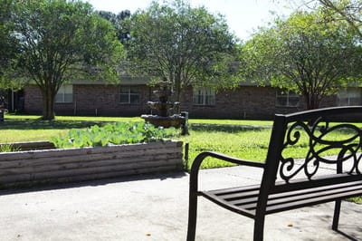 Quiet outdoor space with a fountain and greenery.