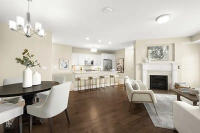 Modern interior of a common area with kitchen.