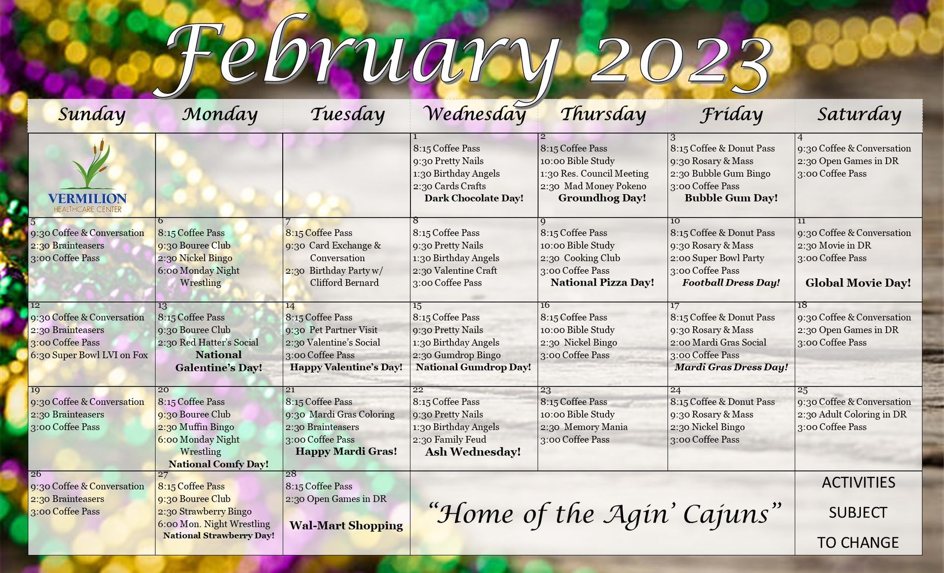 February calendar of activities for residents