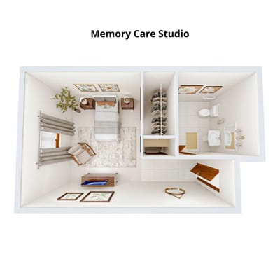 Architectural floor plan of a Memory Care Studio