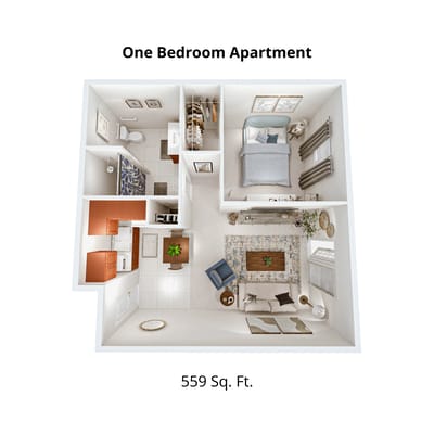Architectural floor plan of a one-bedroom apartment