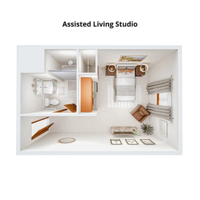 Architectural floor plan of assisted living studio.
