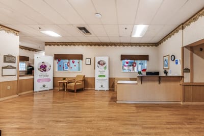 Interior view of a common area with decorations.