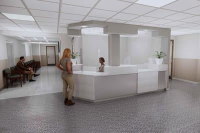 Reception area with staff and residents interacting.
