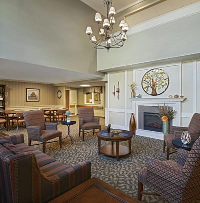Cozy common area with seating and fireplace