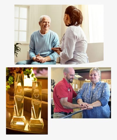 Residents and staff interacting in a cozy room