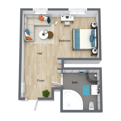 Architectural floor plan of a resident room and bath