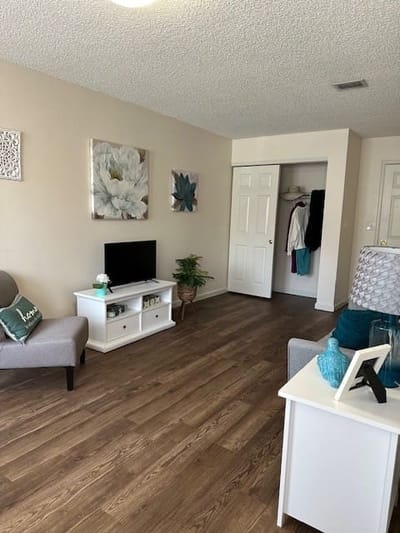 Bright and cozy living room with furniture and decor