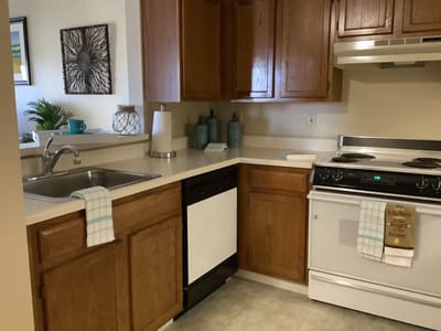 Interior view of a kitchen with wooden cabinets