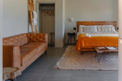 A cozy interior of a resident room with a bed and couch