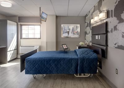 Private resident room with modern decor and amenities