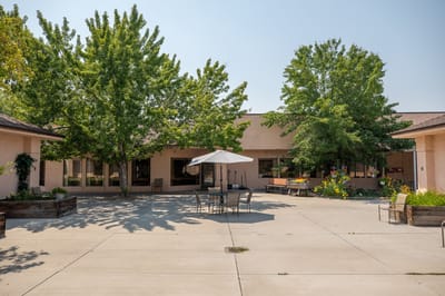 Outdoor courtyard with seating and trees