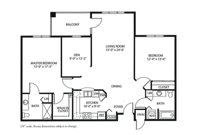 Architectural floor plan of a two-bedroom unit
