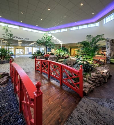 Interior view of a common area with a red bridge and greenery