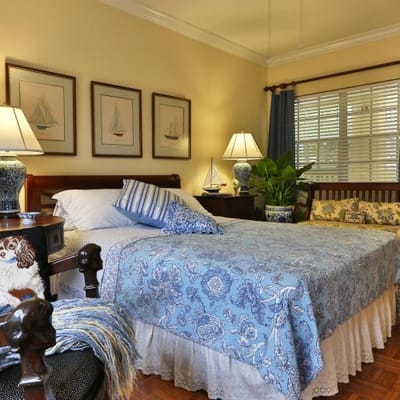 Cozy bedroom area with blue decor and natural light