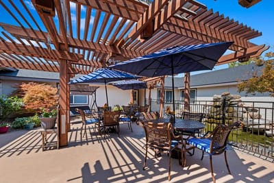 Elegant outdoor patio with shaded seating areas