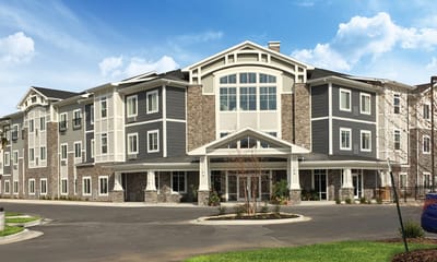 Modern assisted living facility's front entrance