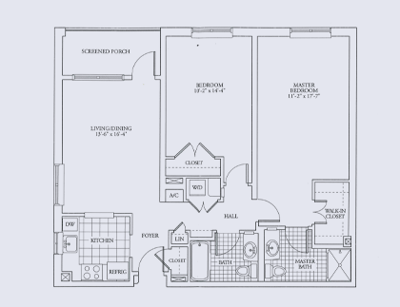 Architectural floor plan of a two-bedroom layout