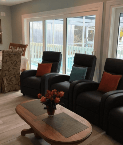 Comfortable seating area in a bright common room