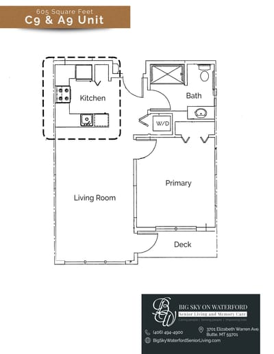 Architectural floor plan of a senior living unit