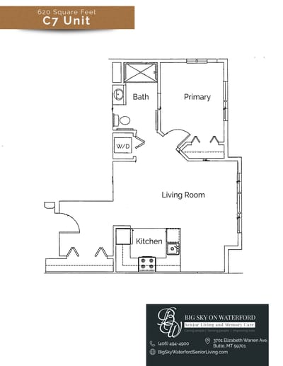 Architectural floor plan of a senior living unit