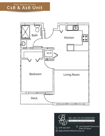 Architectural floor plan of a senior living unit