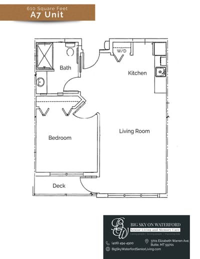 Architectural floor plan of a 1-bedroom unit
