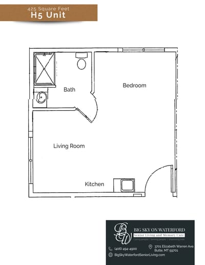 Floor plan of a resident unit with labeled rooms