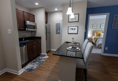 Interior view of a modern kitchen and dining area