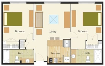 Architectural floor plan of a two-bedroom unit