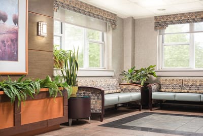 Stylish common area with seating and indoor plants