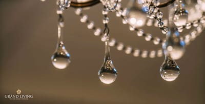 Close-up of a chandelier with crystal drops
