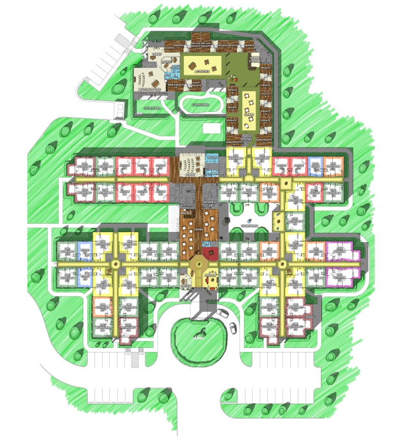 Architectural floor plan of a senior living facility
