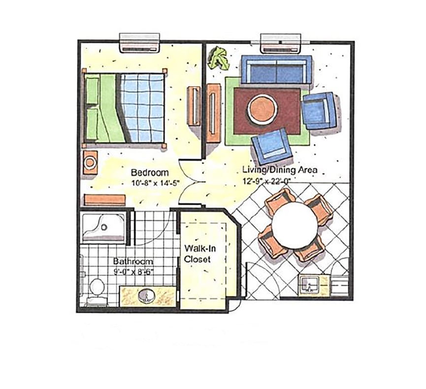 Architectural floor plan of a one-bedroom unit