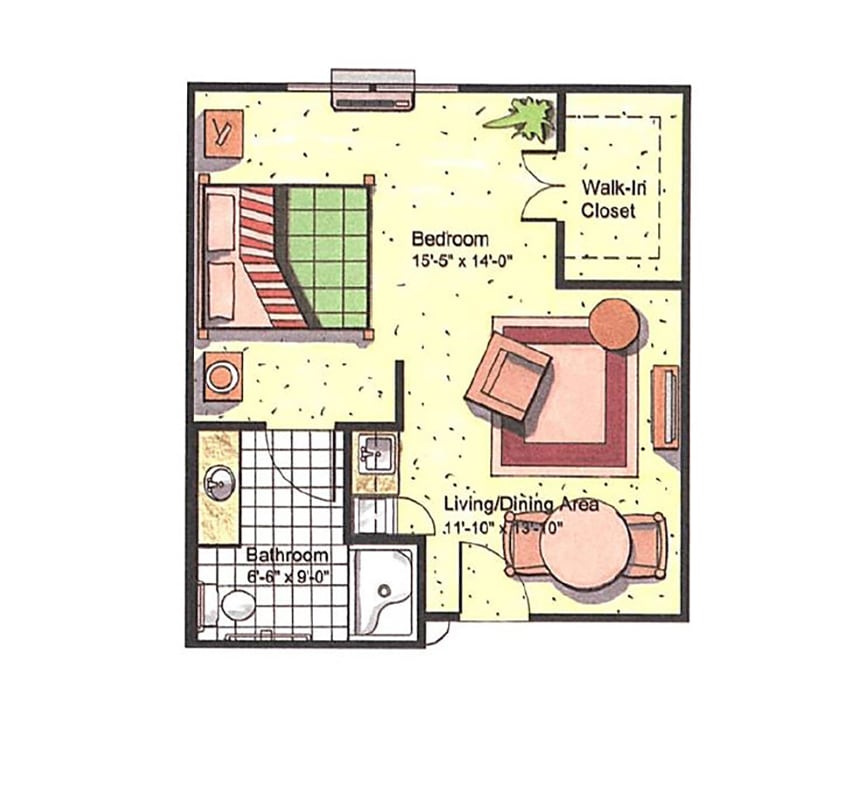 Floor plan of a one-bedroom unit with living area
