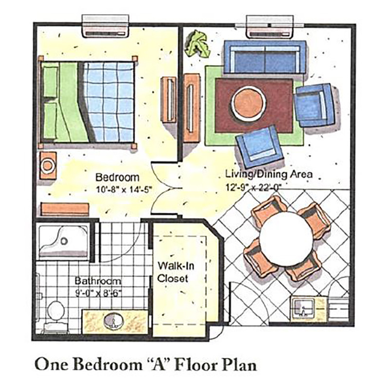 One-bedroom floor plan layout with labeled areas