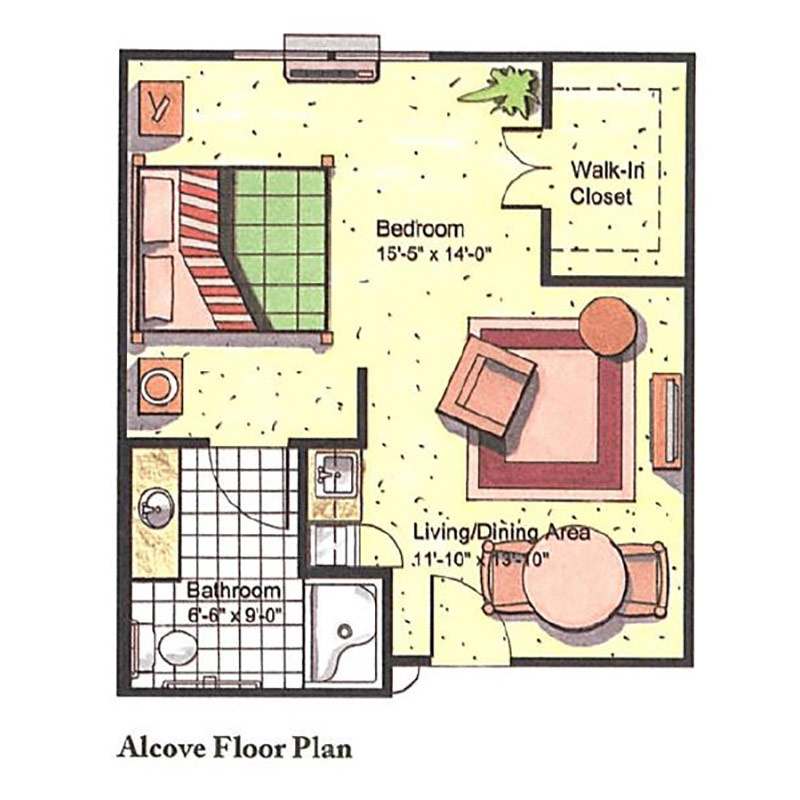 Floor plan of an alcove unit with labeled areas