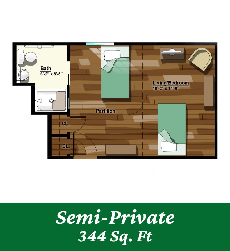 Architectural floor plan of a semi-private room