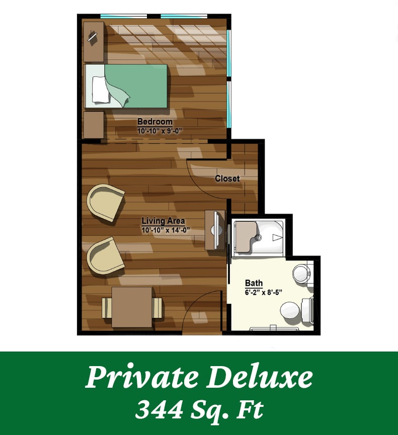 Architectural floor plan of a private deluxe room