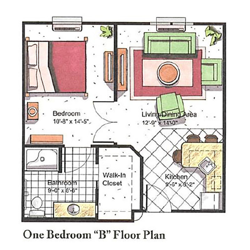 Architectural floor plan for a one-bedroom unit