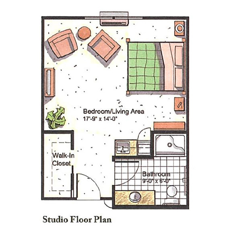 Architectural floor plan of a studio apartment
